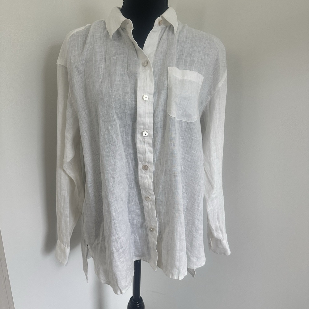 J. Jill Love Linen 100% Linen White Button Front Shirt Petite M Relaxed Beach